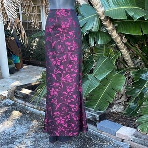 David Meister, dark floral satin trumpet maxi skirt with train